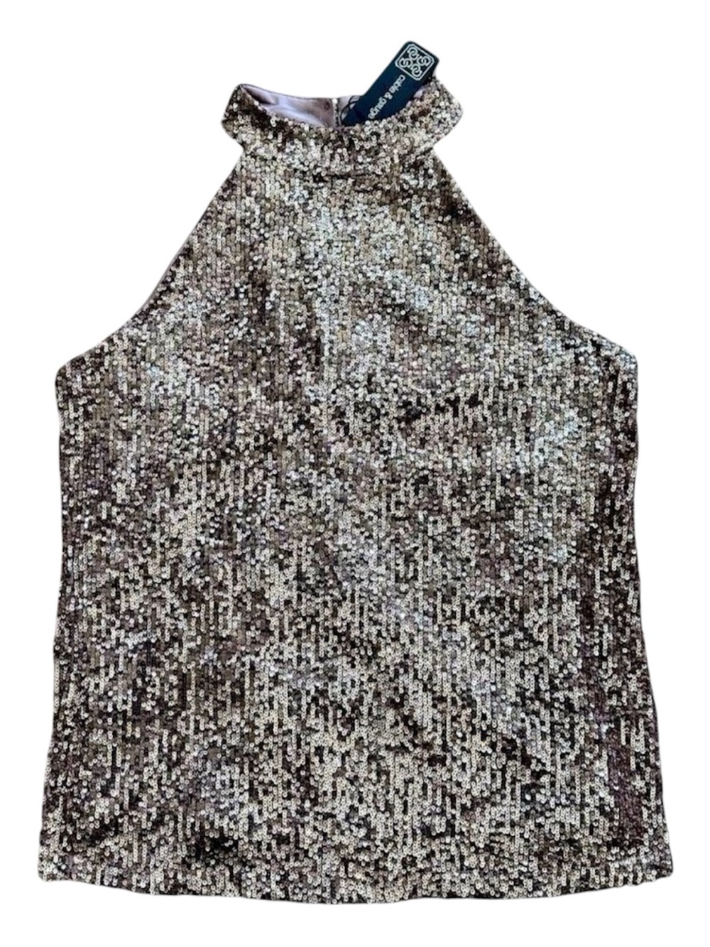 Cable & Gauge Rose Gold Sequin Halter Neck Party Tank Top Champagne Metallic M
